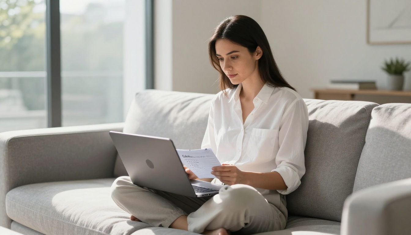 Woman reviewing video editing workflow on laptop while sitting in a bright modern living room