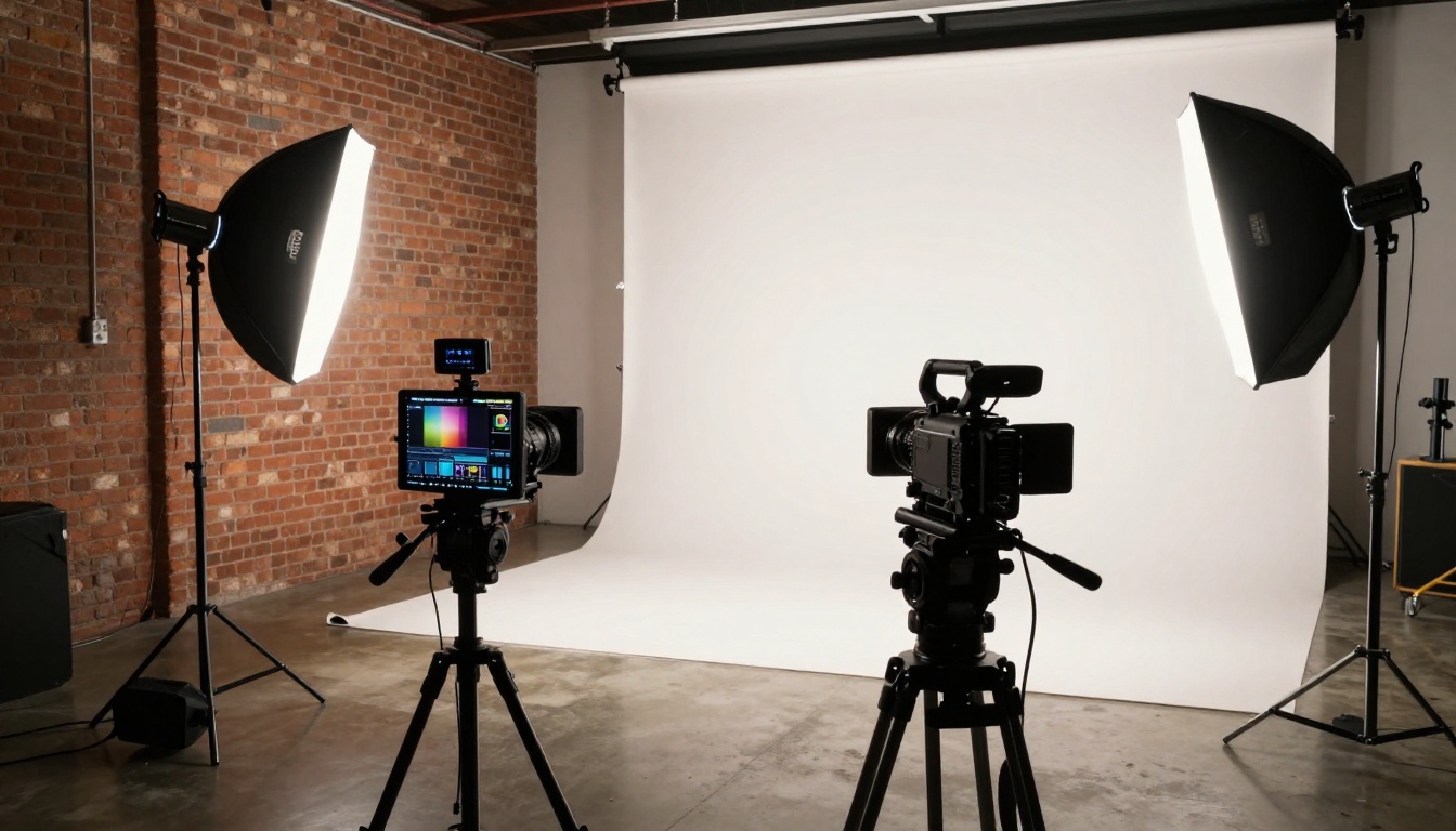 Professional YouTube studio with cameras on stands, teleprompter, softboxes, and large monitor