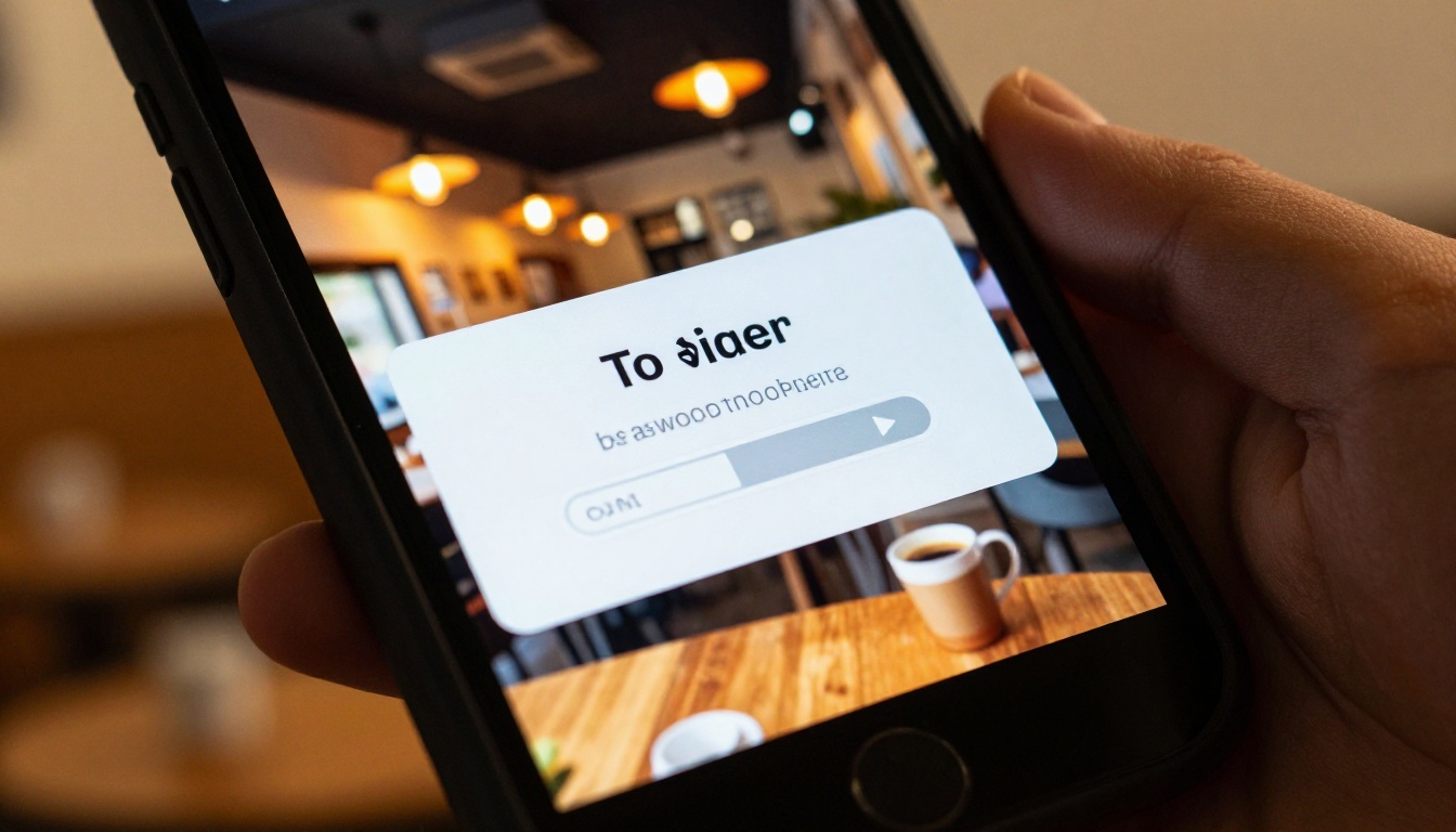 Creator's hand holding a smartphone displaying a text-to-video AI app interface in a warm coffee shop