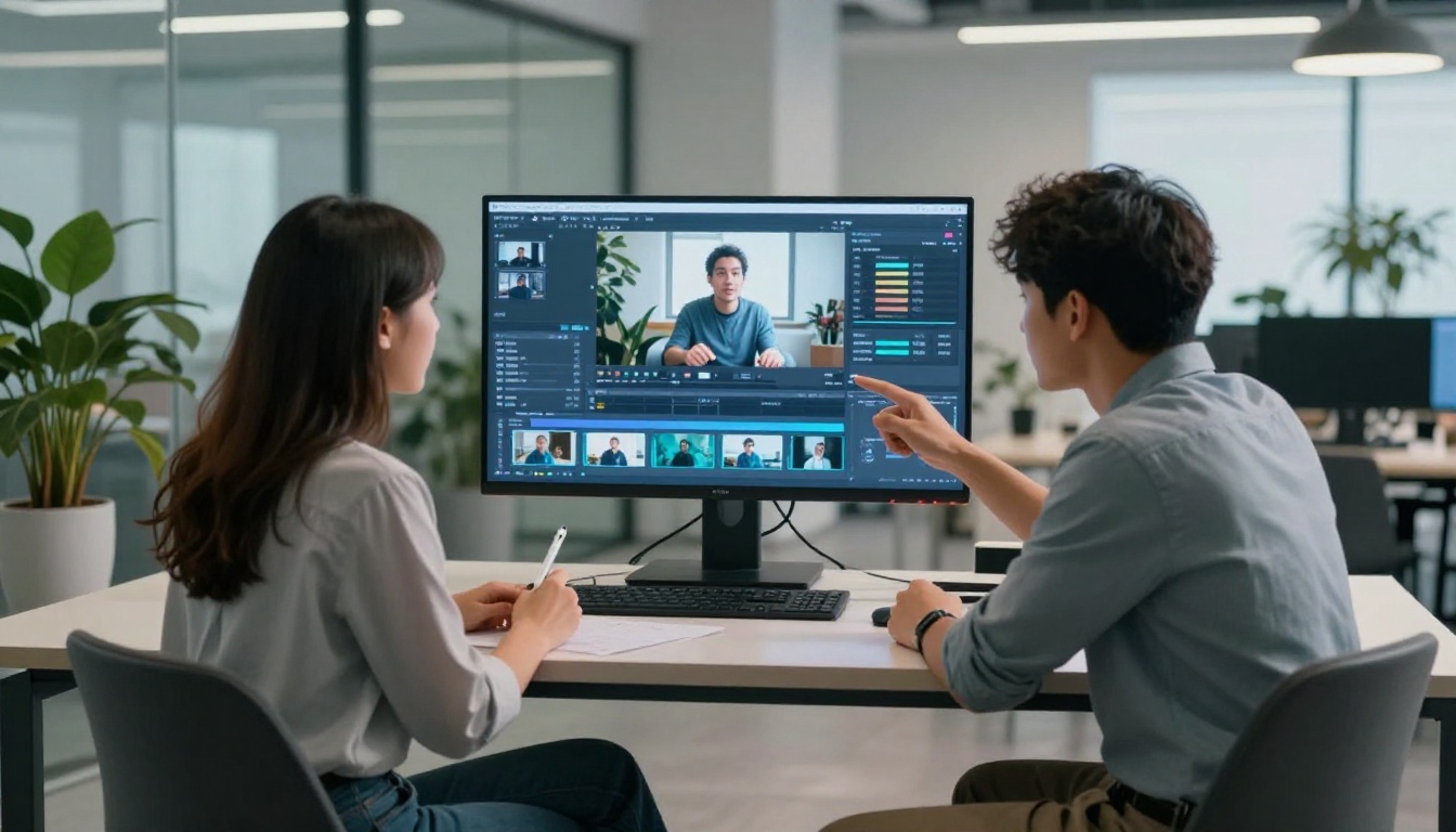 Two creators collaborating at a desk with a monitor showing an AI video storyboard editor