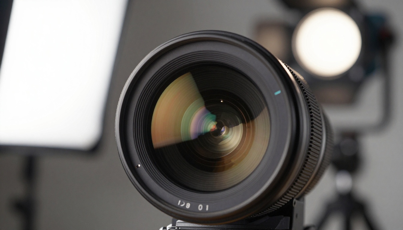 Close-up of a cinema camera lens with sharp glass elements and bokeh background