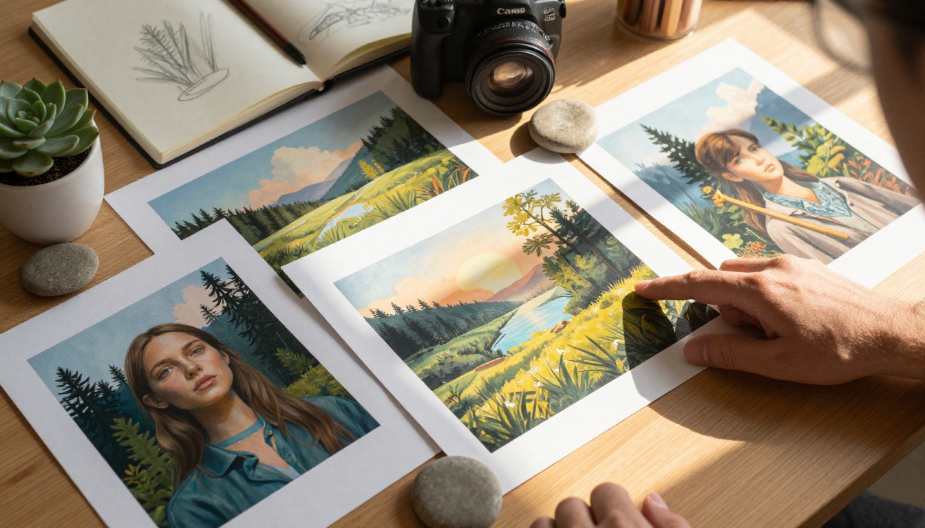 AI-generated art prints spread across a desk, hand pointing at one, warm sunlight from the right