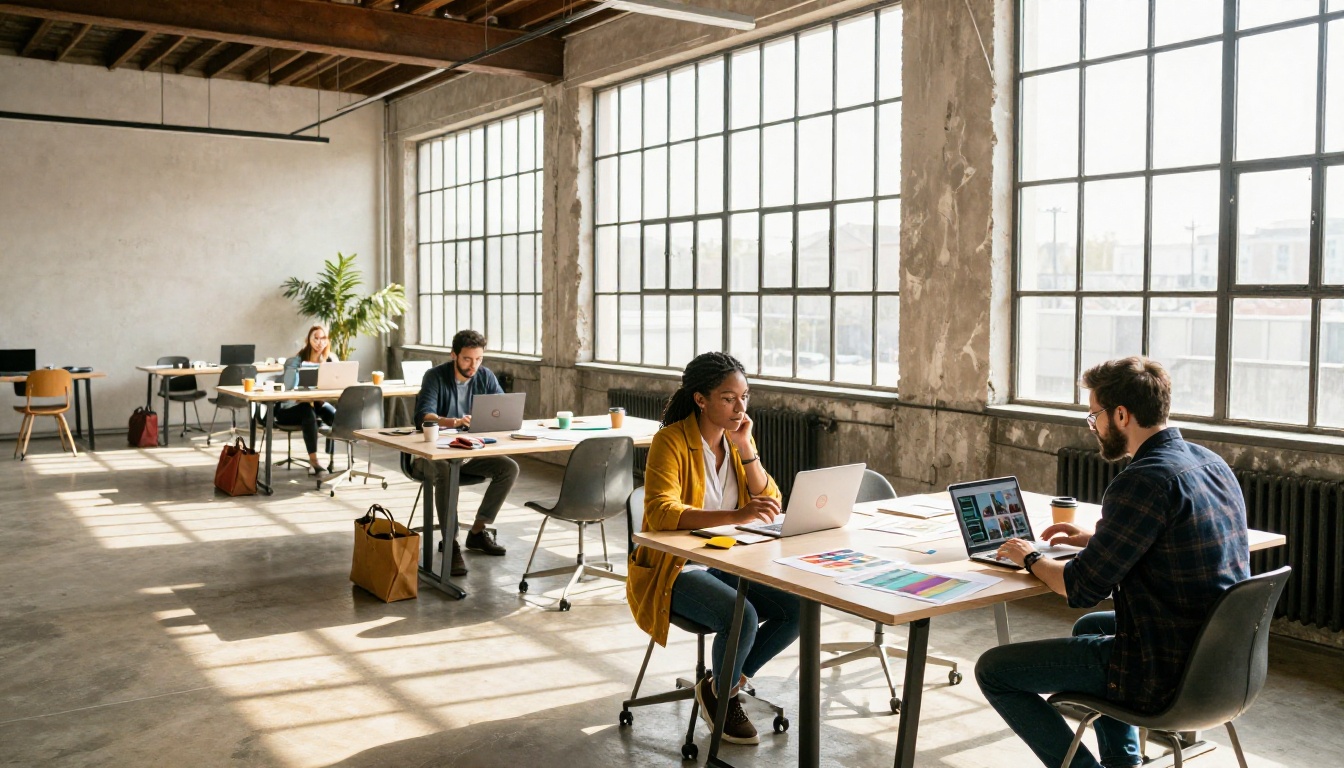 Three creative professionals collaborating in a bright co-working space, laptops showing AI image galleries