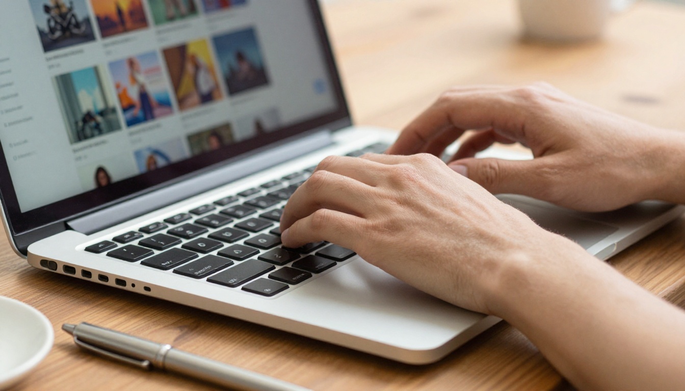 Close-up of hands typing on laptop, colorful AI image interface visible on screen edge