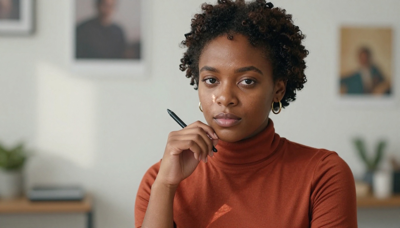 Confident Black woman designer in terracotta turtleneck, direct gaze, home studio backdrop
