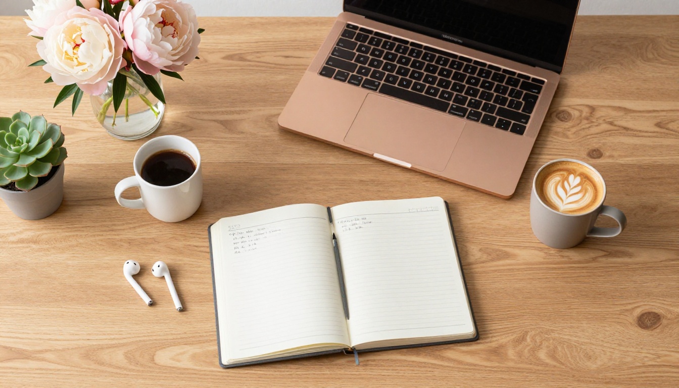 Home office workspace flat lay for Instagram lifestyle content