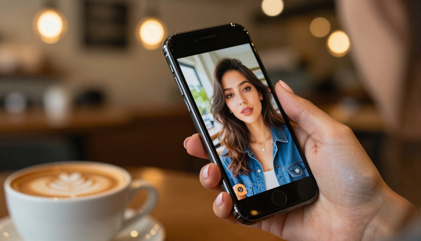 Woman's hand holding phone displaying vibrant AI-generated portrait, warm cafe bokeh background