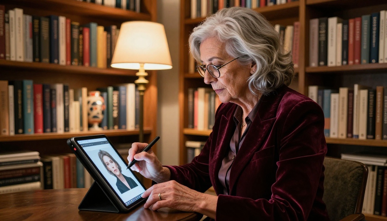 Older woman with silver hair creating AI art on a tablet, warm home library with floor lamp