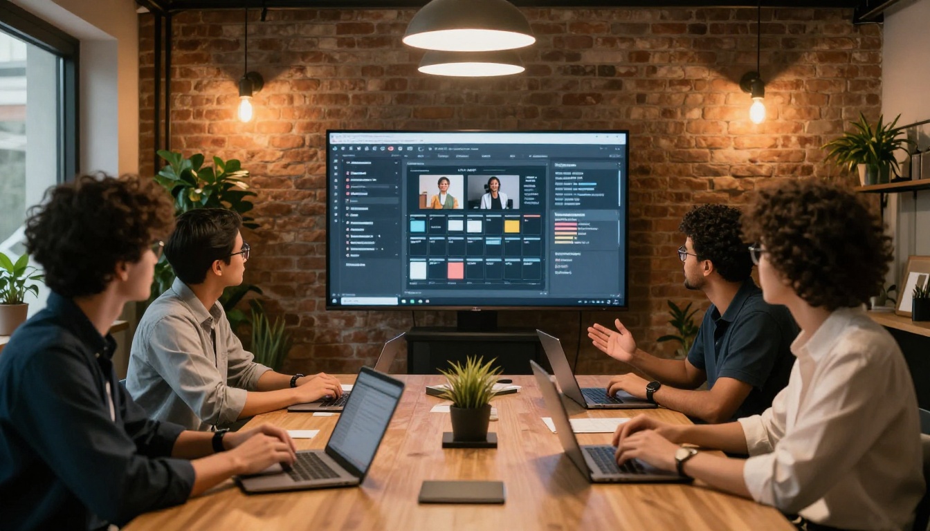 A marketing team reviewing AI-generated campaign results on a large screen in a modern office