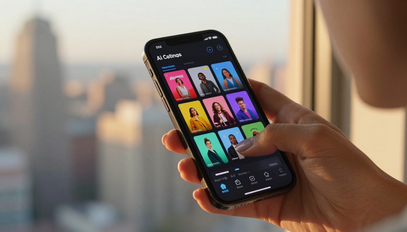 A woman holding a smartphone near a sunlit window displaying AI-generated campaign visuals on screen