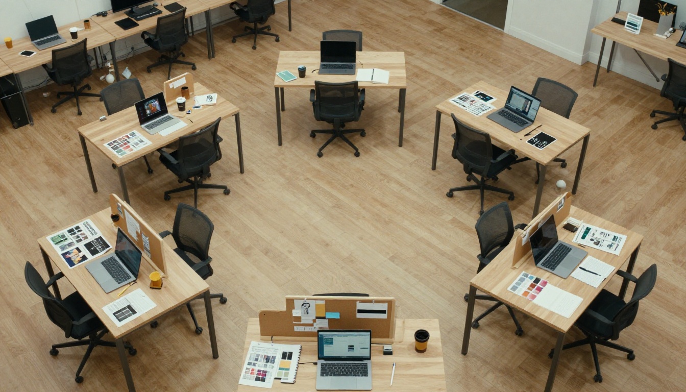Aerial view looking down at a modern creative agency workspace with five desks and open laptops