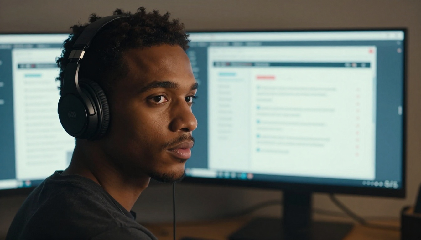 A focused young Black man reviewing AI copywriting metrics on dual monitors in a dimly lit office