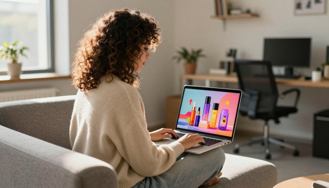 A woman with natural curly hair working on her laptop on a modern office couch reviewing AI-generated visual campaigns