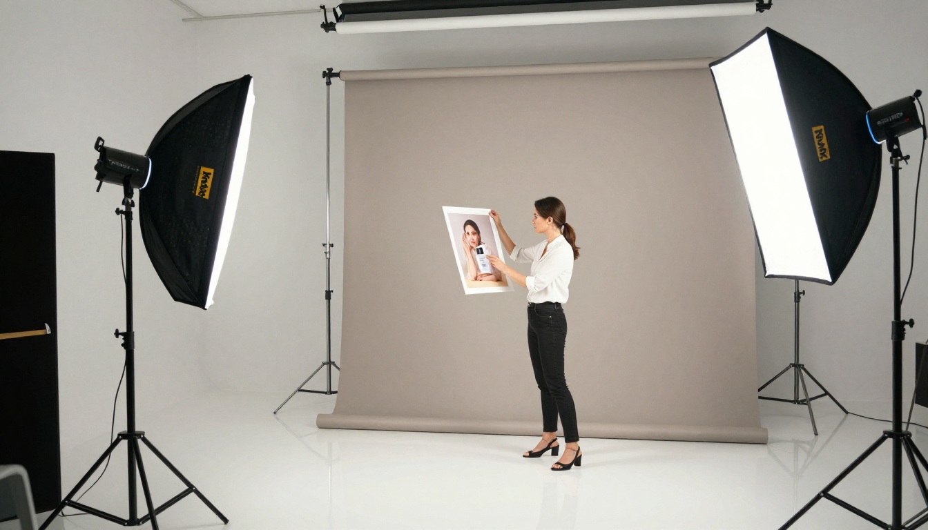 A professional woman in a bright photography studio reviewing large-format AI-generated campaign print materials