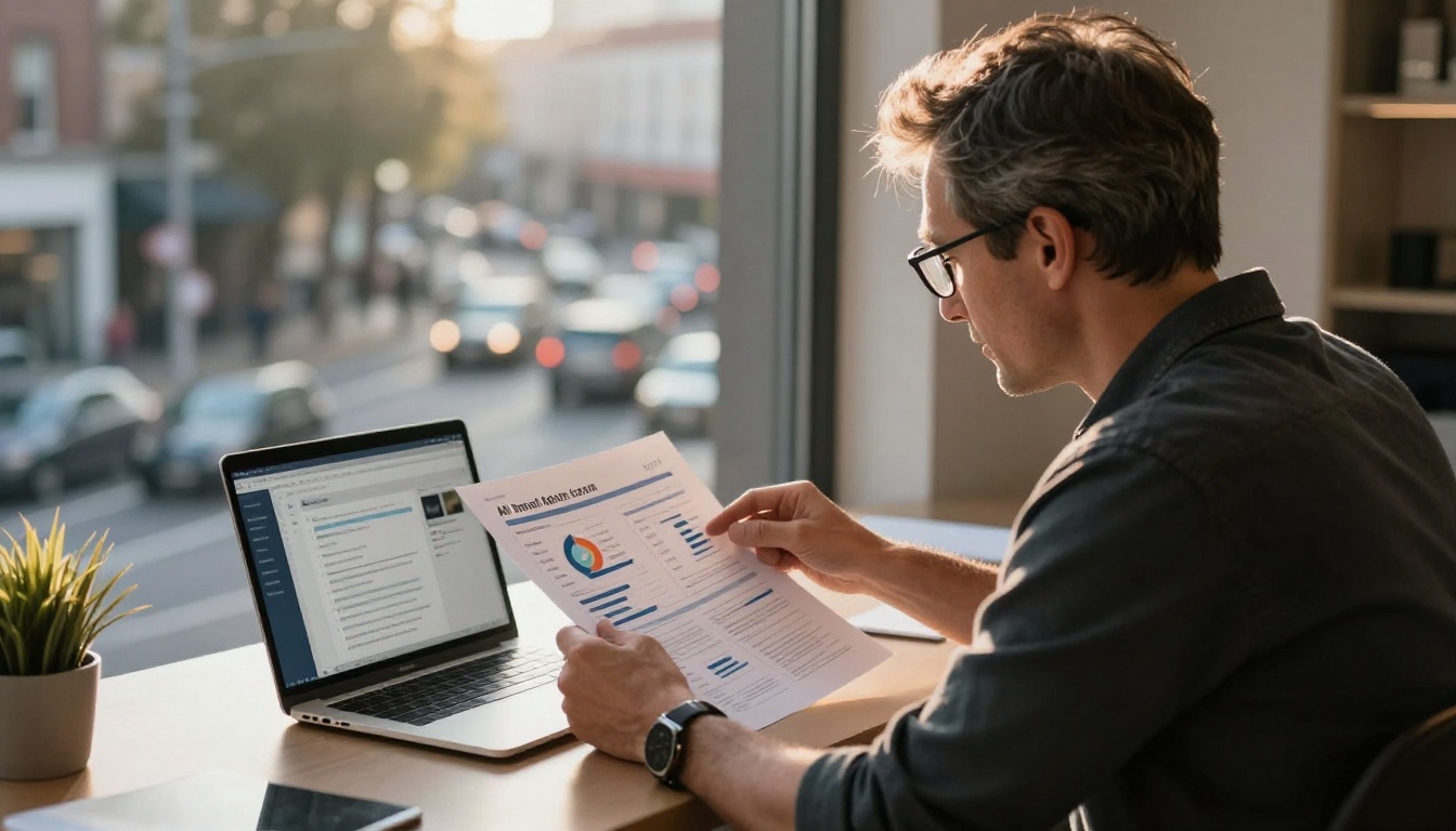 A marketing strategist in his 40s with glasses sitting at a window desk reviewing a printed campaign report alongside an AI interface