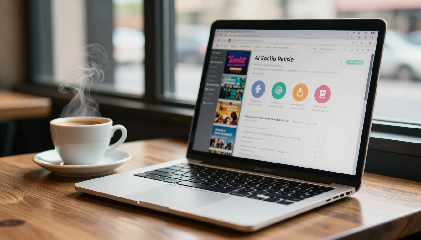 A laptop in a warm cafe displaying an AI social media scheduling dashboard beside an espresso cup