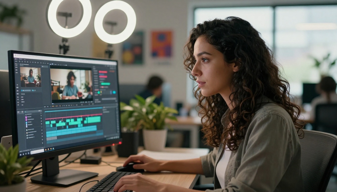 Female video editor reviewing AI-generated content at workstation