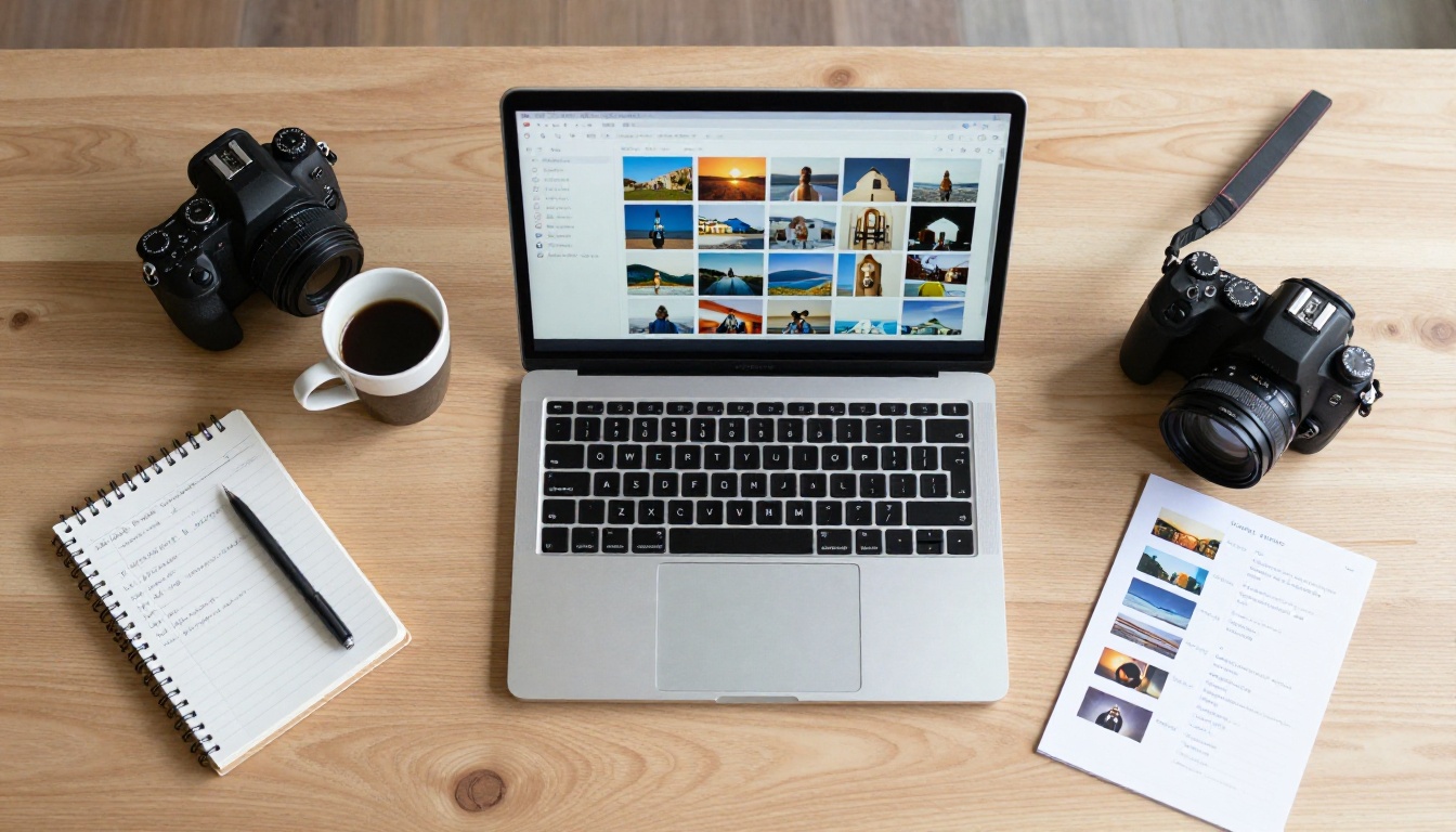 Aerial flat-lay of creative desk with AI interface on laptop
