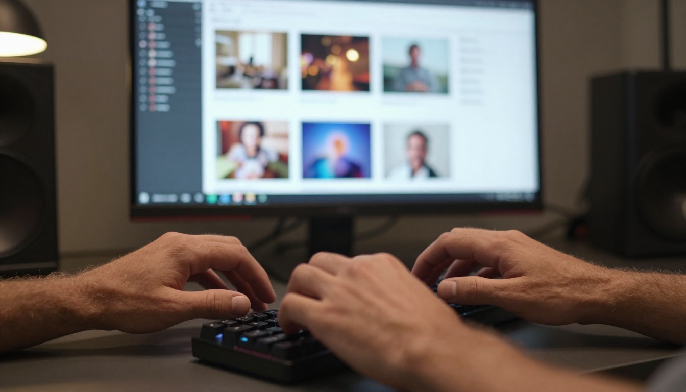 Hands typing on keyboard with AI platform visible on background screen