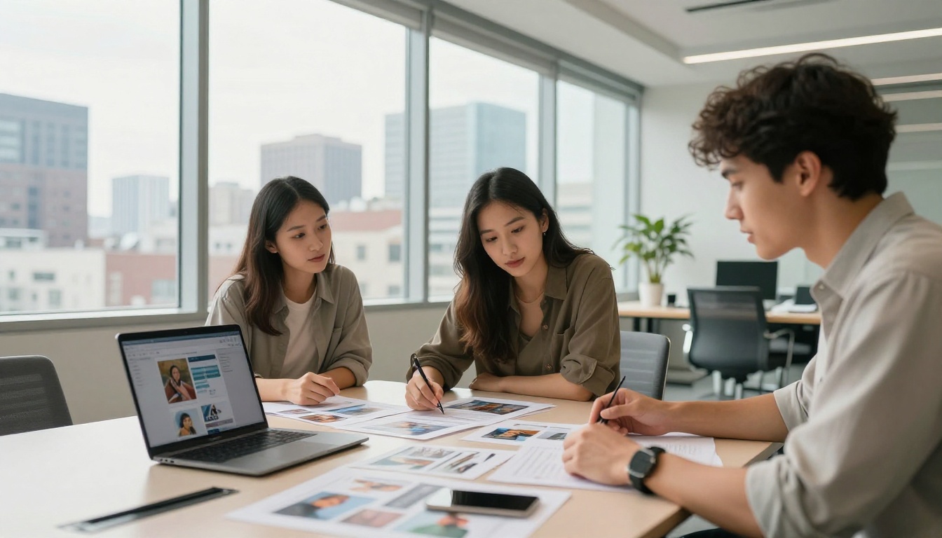 Creative team reviewing AI image outputs around conference table