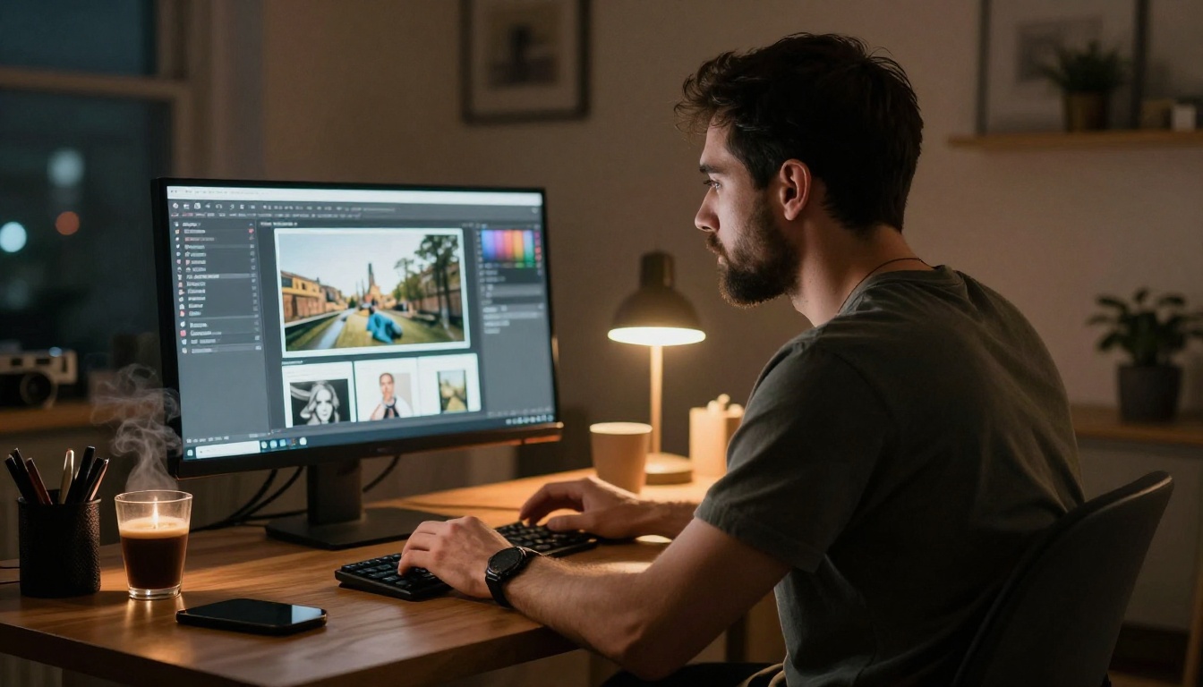 Solo freelance creator working late at home studio desk