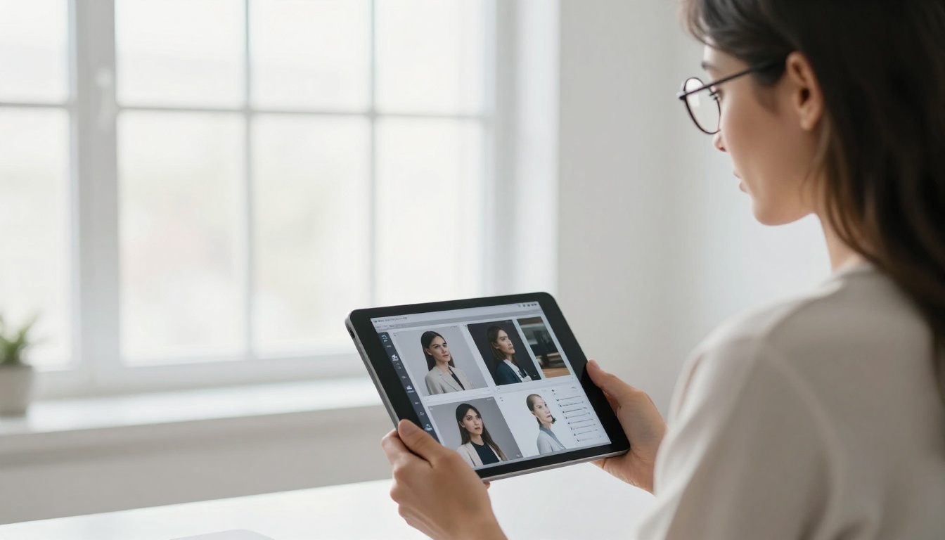 Creative director reviewing AI image quality on tablet in office
