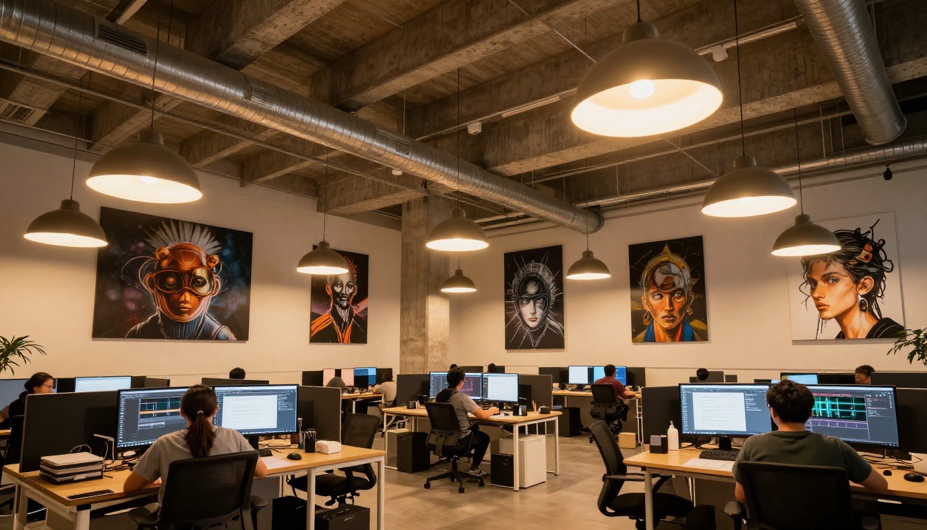 Modern creative agency interior with AI artwork on walls