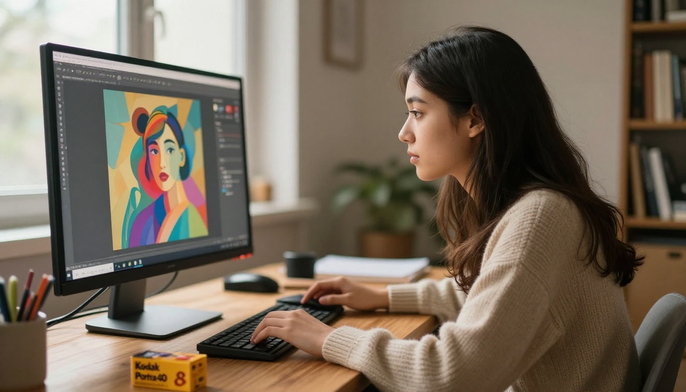 Woman using AI art platform at creative workspace Woman using AI art platform at creative workspace
