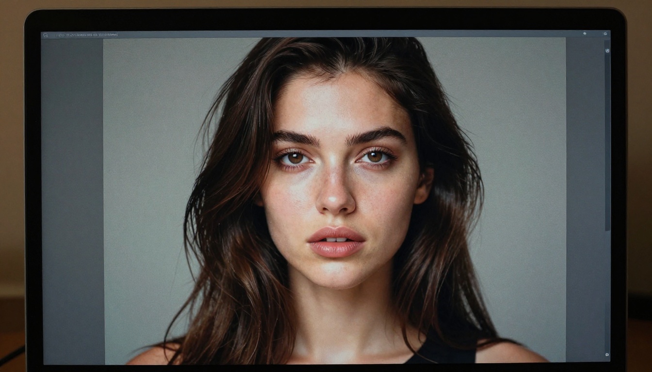 Close-up of AI-generated portrait quality on monitor screen Close-up of AI-generated portrait quality on monitor screen