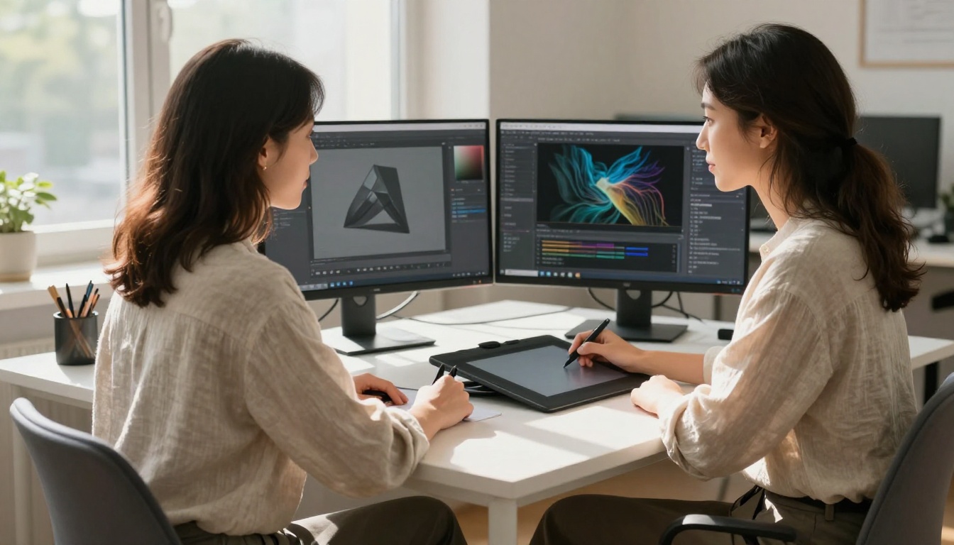 Professional designer using dual-monitor AI workflow setup Professional designer using dual-monitor AI workflow setup