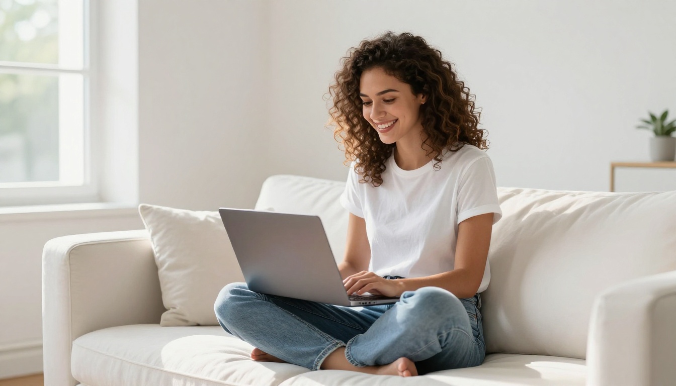 Happy woman enjoying AI-generated creative results on laptop
