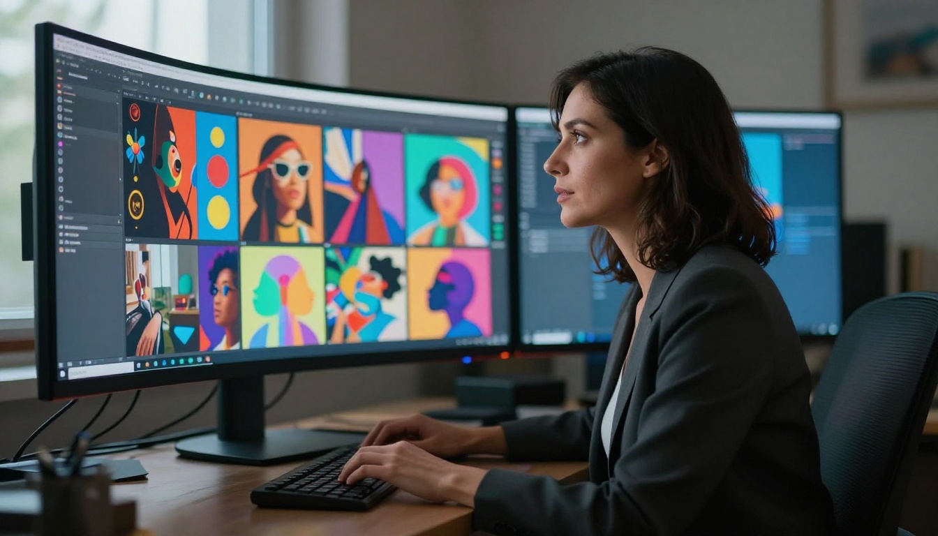 Professional creative workspace with three monitors showing AI-generated artwork