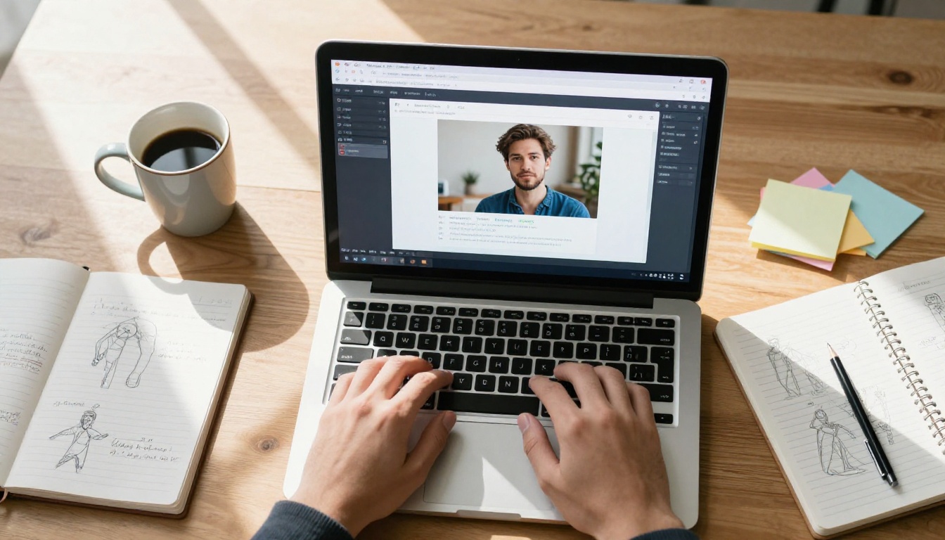 Graphic designer working overhead view with laptop and notebook