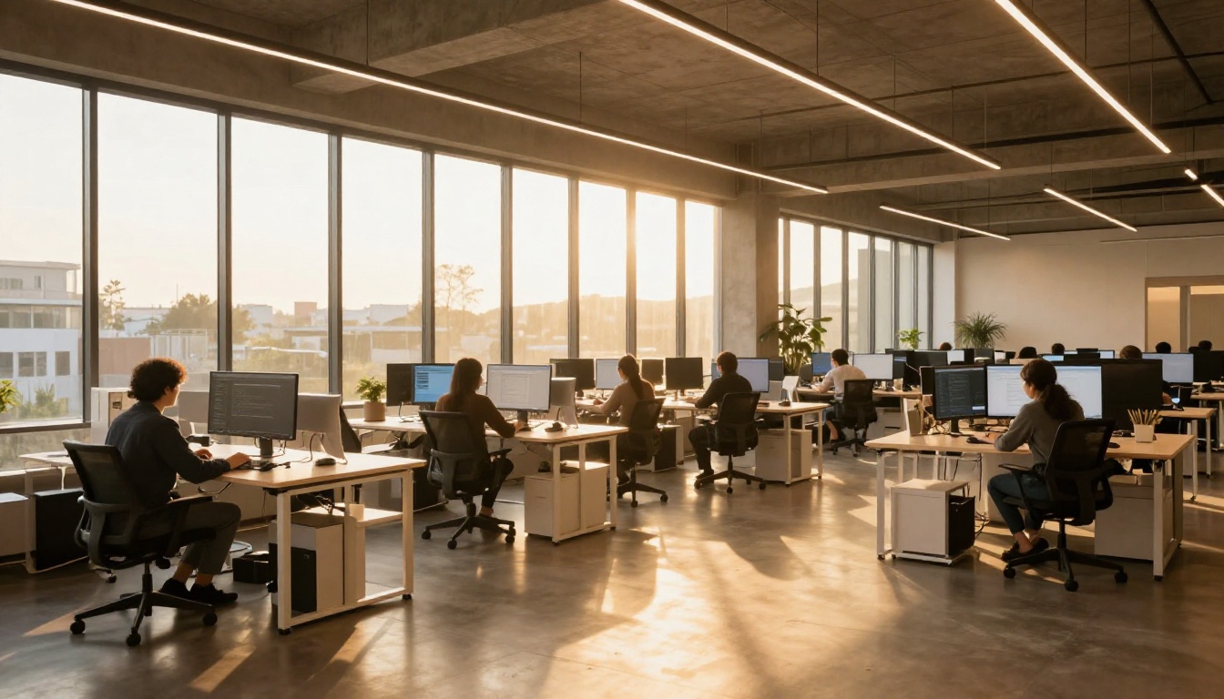 Modern creative agency office with designers at standing desks during golden hour