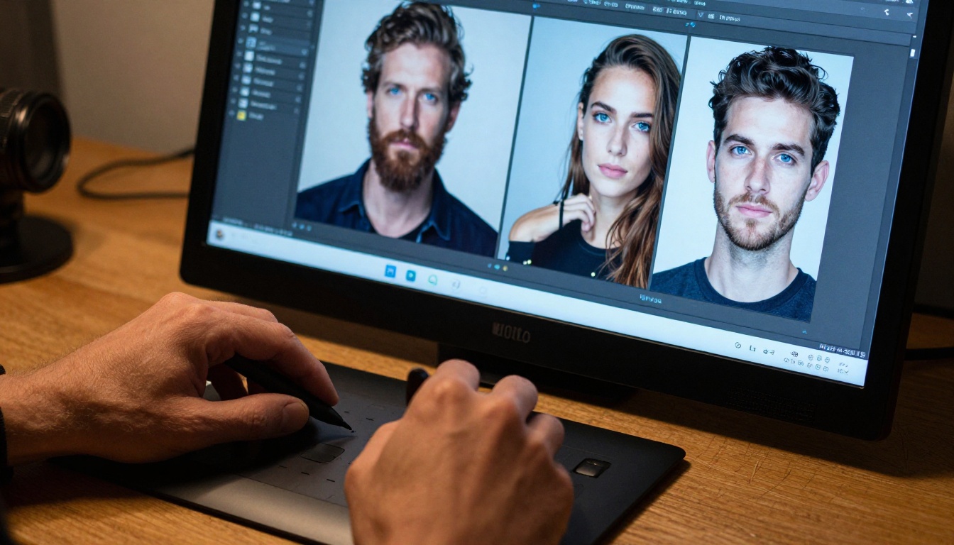 Woman creative director sitting at wide curved ultrawide monitor with AI artwork