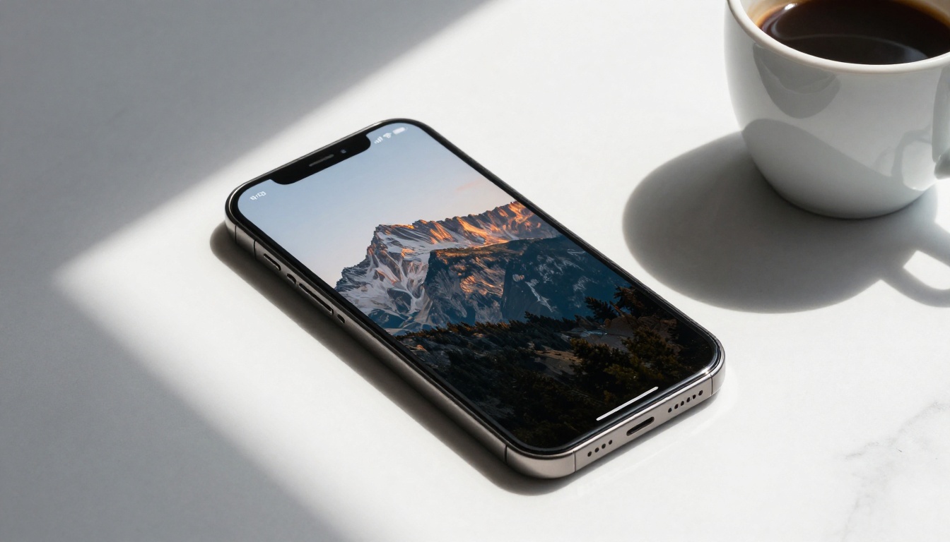Smartphone on white marble surface showing AI landscape on screen with dramatic light