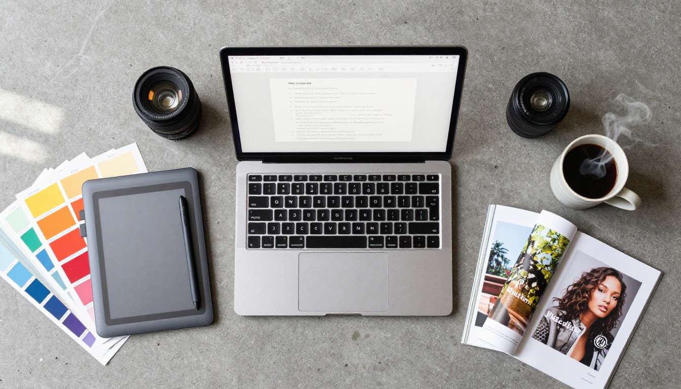 Creative workspace flat-lay with laptop, Wacom tablet, Pantone swatches, and camera lens