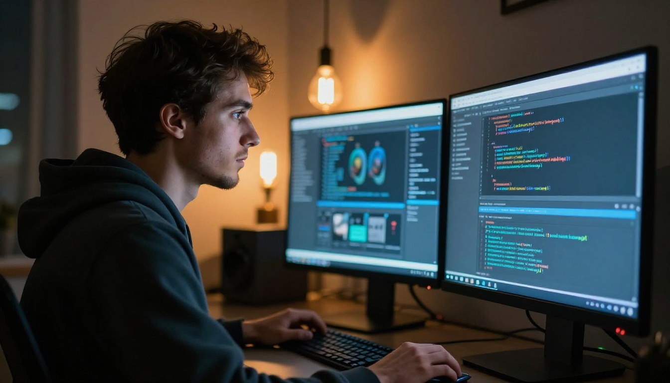 Developer working at dual monitors late at night with warm Edison bulb rim light