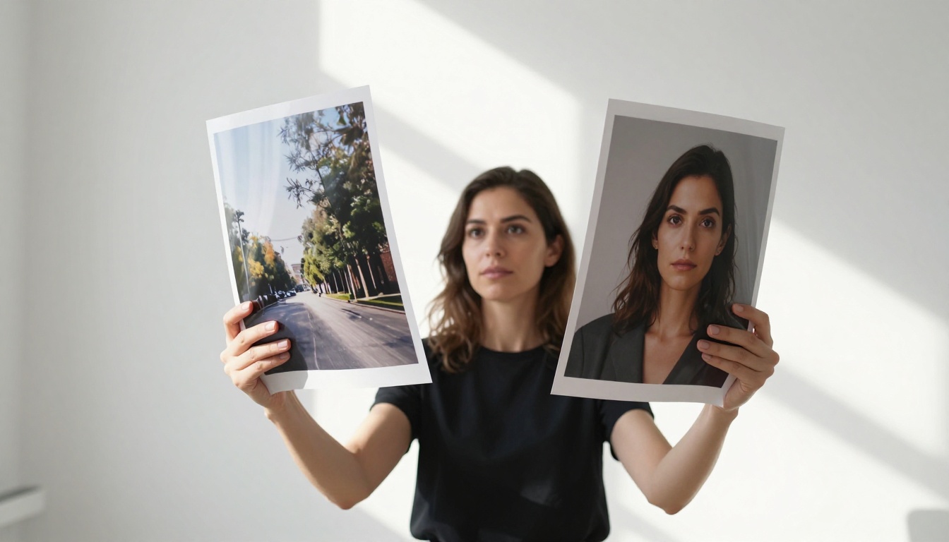 Creative professional comparing two printed AI-generated photographs in a bright studio
