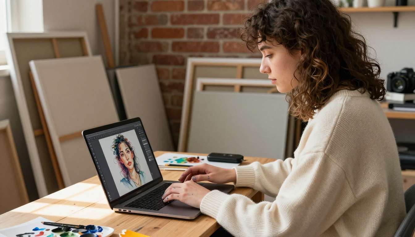 Artist working at a laptop in a wooden art studio