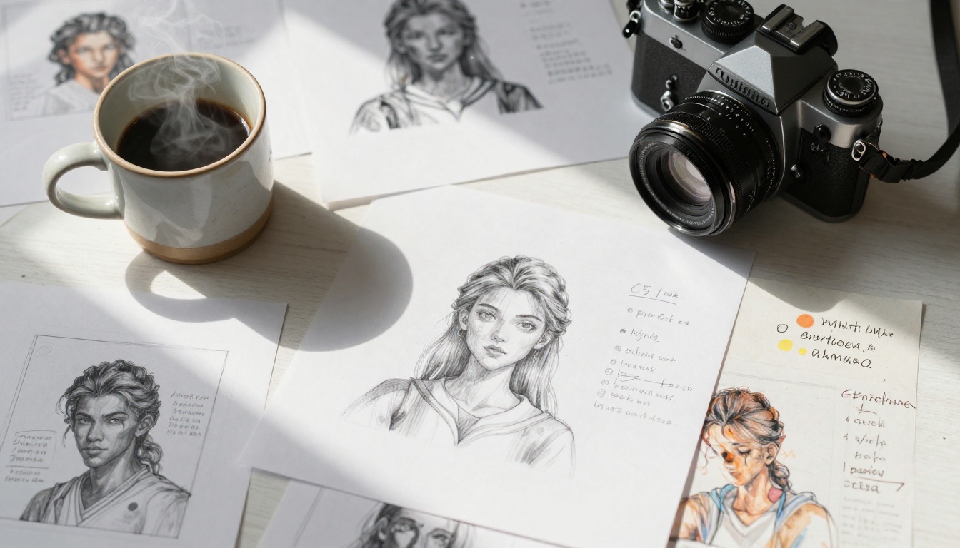 Aerial view of an artist's workspace with printed AI outputs spread across a white table