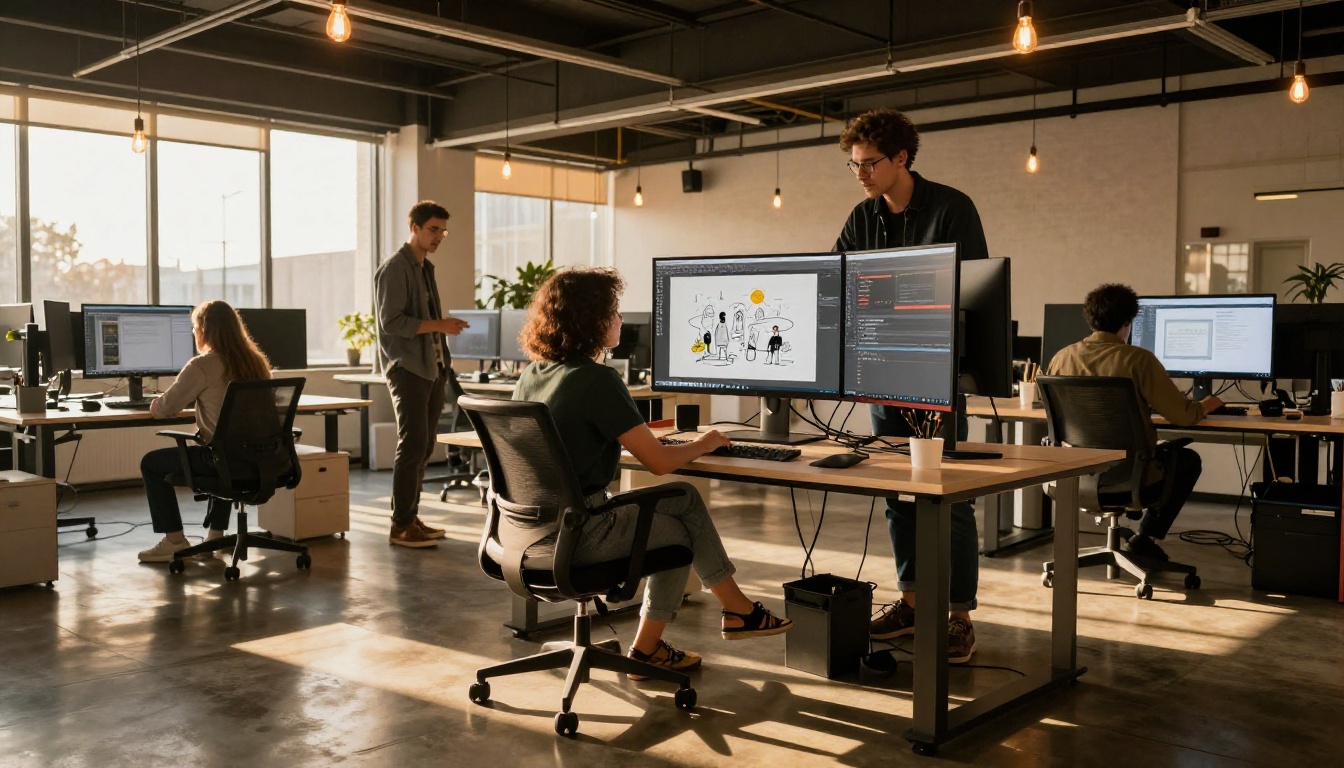 Creative agency team collaborating at monitors in a modern office