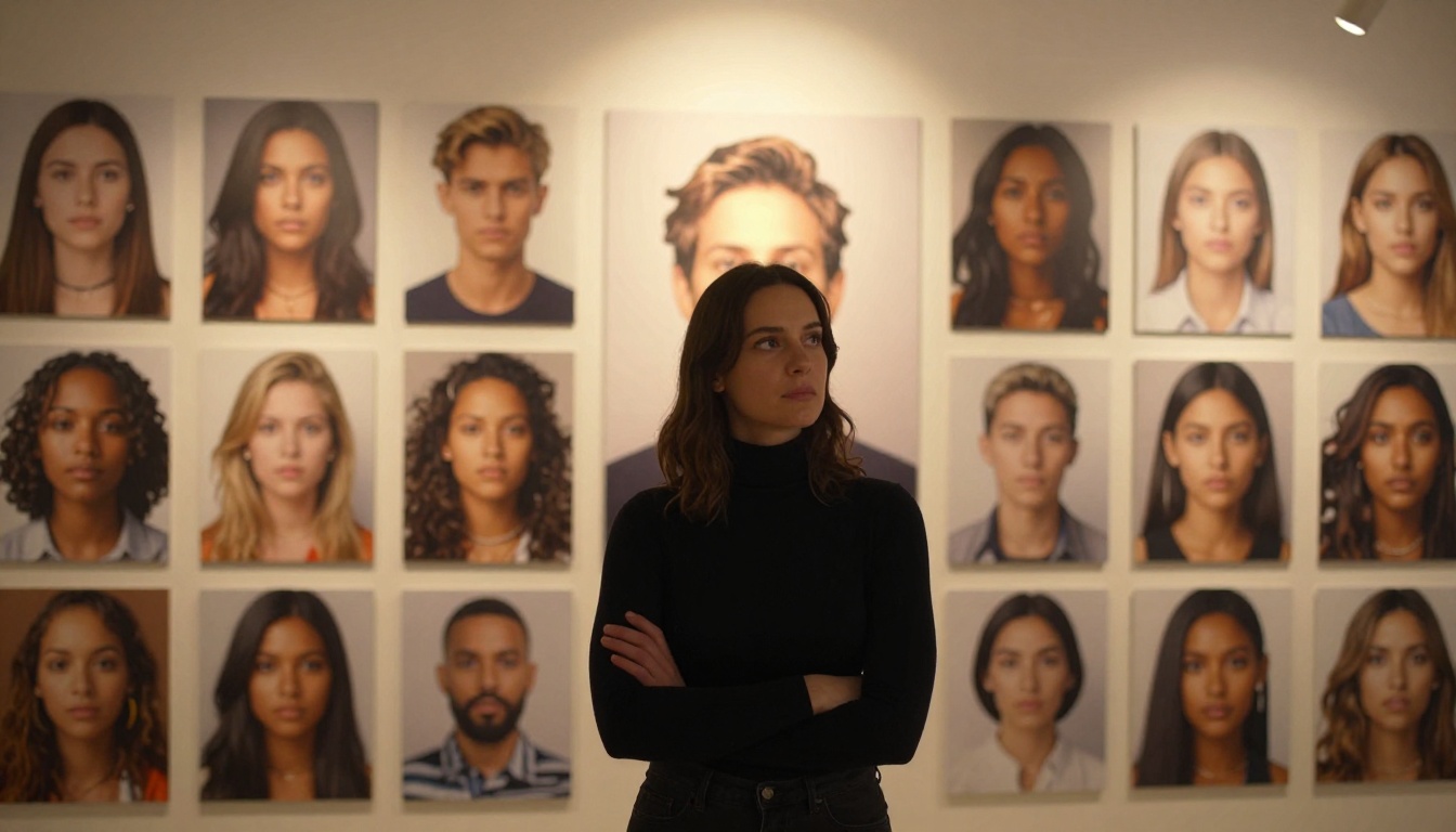 Gallery wall covered in large AI-generated portrait prints