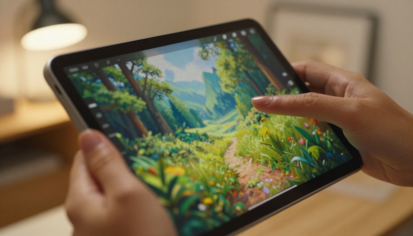 Macro close-up of a hand holding a tablet with AI artwork displayed
