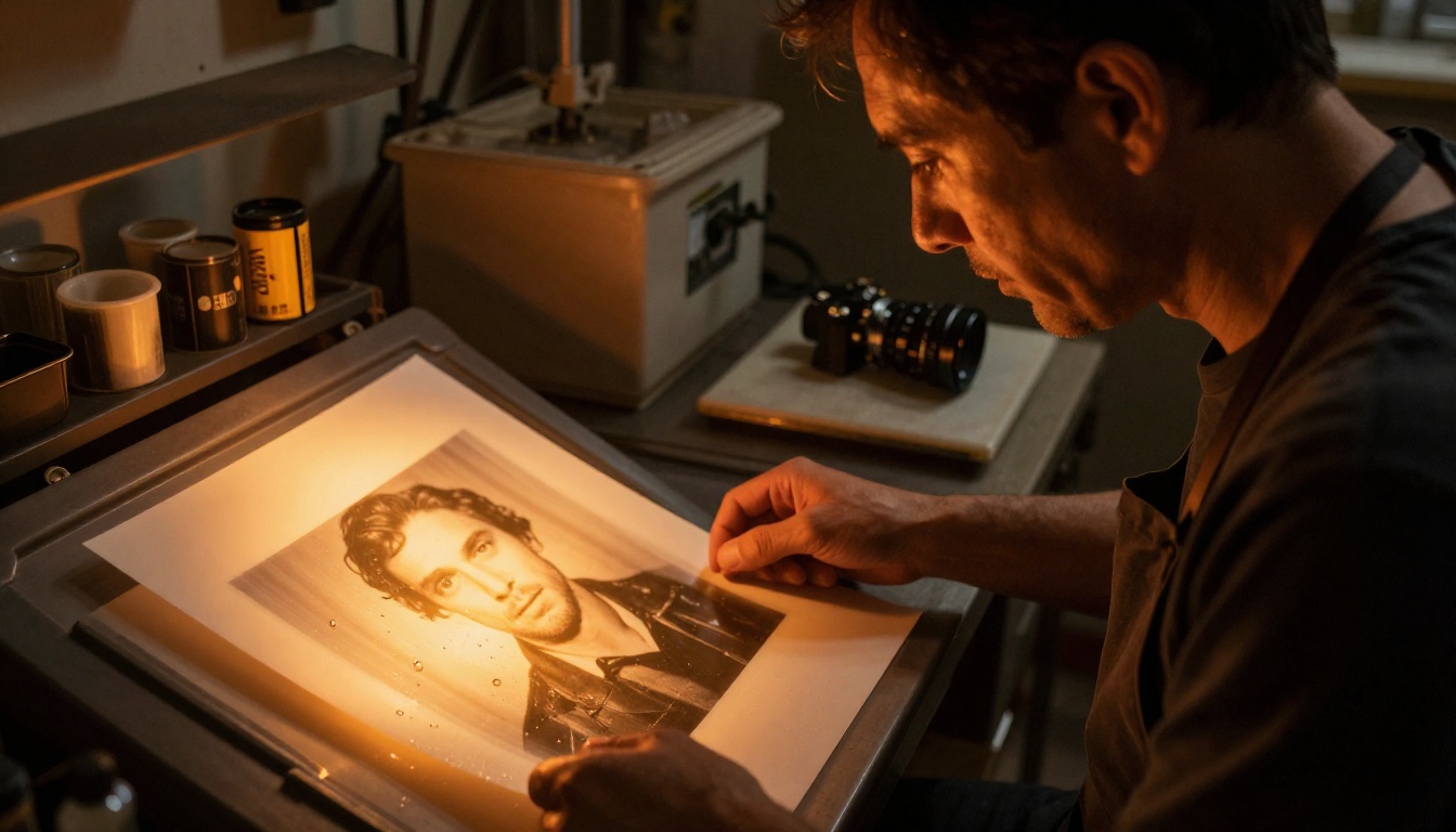 Photographer examining a large print in a dimly lit darkroom under amber light