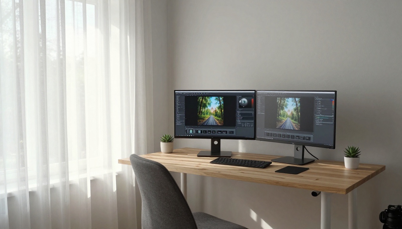 Designer working in a minimalist Scandinavian home office with dual monitors