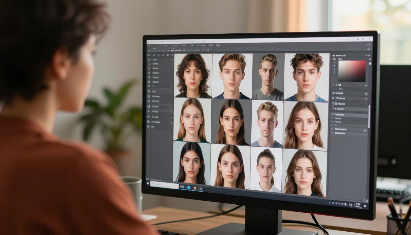 Graphic designer comparing AI portrait outputs on a large monitor