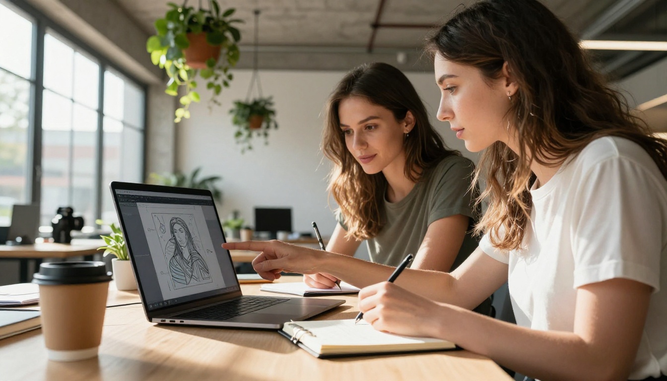 Two women collaborating on AI artwork at a bright co-working space desk