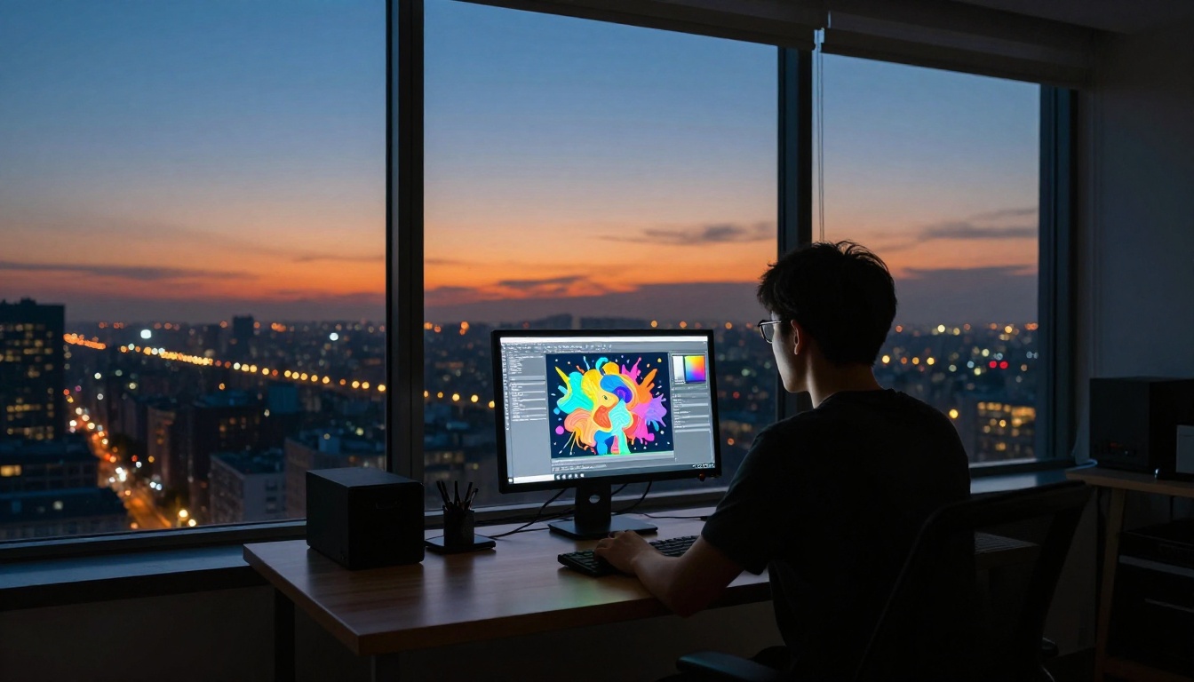 Designer silhouetted against a panoramic city window at dusk with a glowing monitor