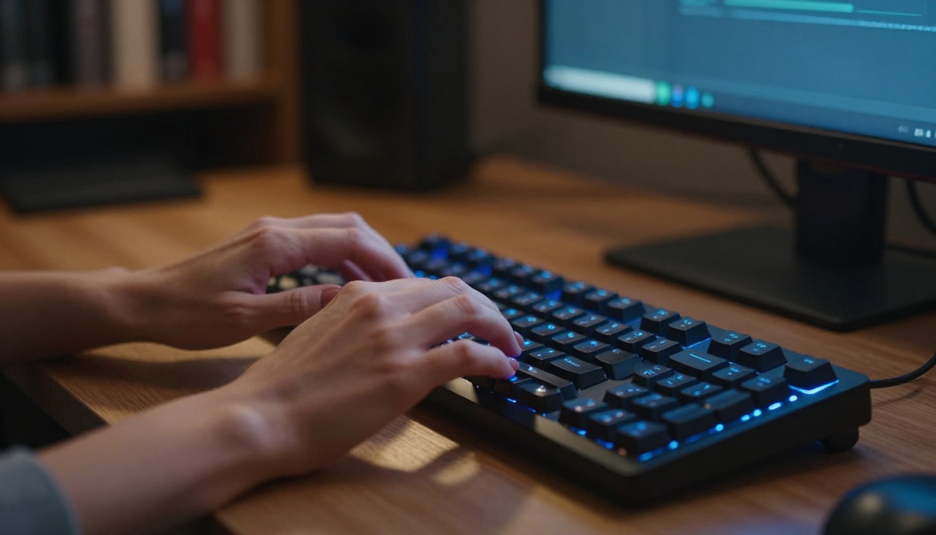 Woman's hands typing prompts on a mechanical keyboard in a dimly lit studio